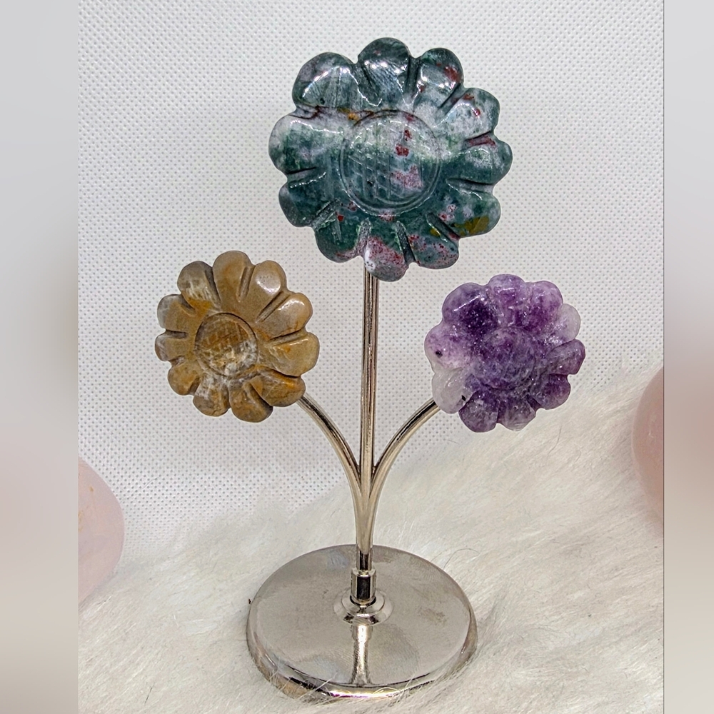 Ocean Jasper, Lepidolite Flower Display Crystal Floral Decor Cottagecore Desk